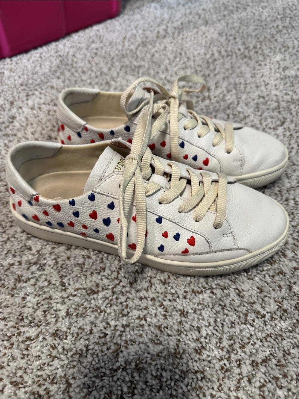 Soludos White Leather Sneakers with Red & Blue Heart Print
